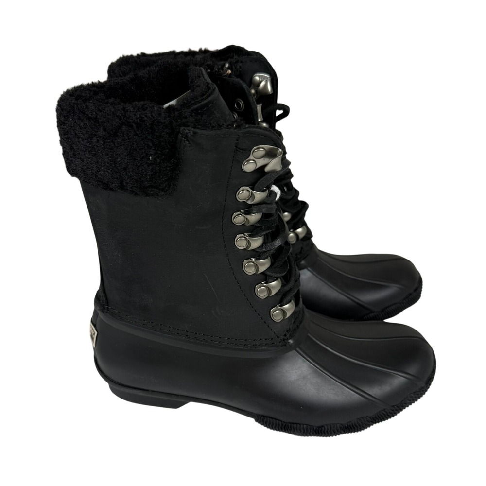 Sperry Womens 5.5 Saltwater Duck Boots Black Faux Fur Waterproof Winter STS85399